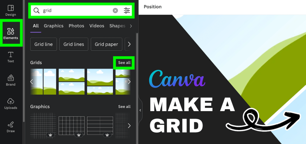 select elements and search for grids in search bar in canva