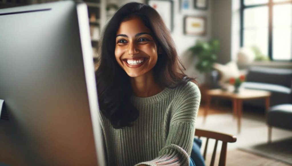 smiling woman browsing website