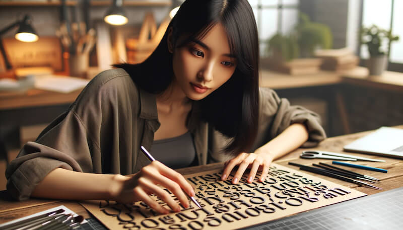 an asian woman designer arranging letters and typography