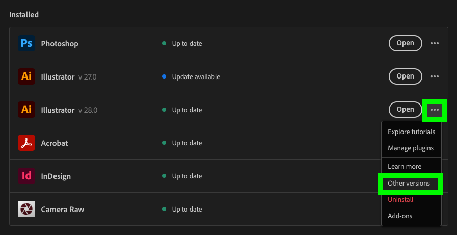 select install other version of Illustrator app in creative cloud