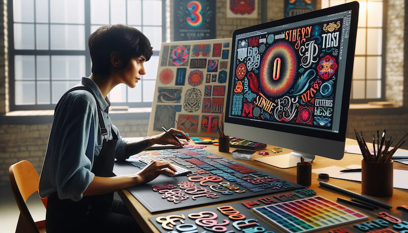 woman graphic designer arranging letters and text in front of computer screen