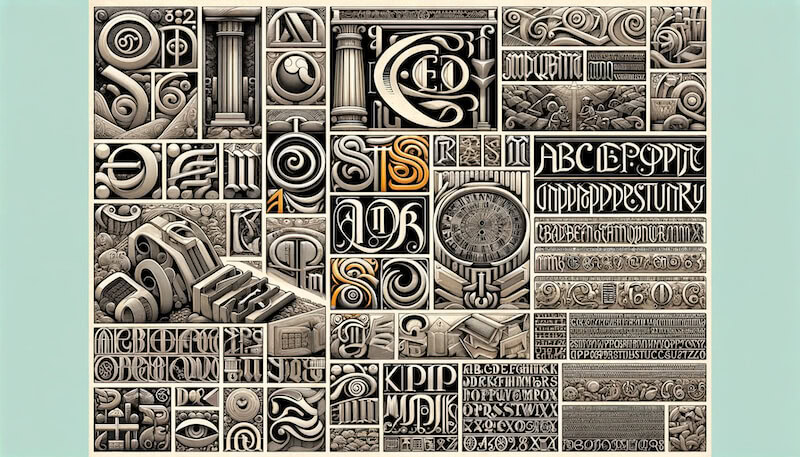 A detailed image showcasing the evolution of typography through various historical eras. The image is divided into segments