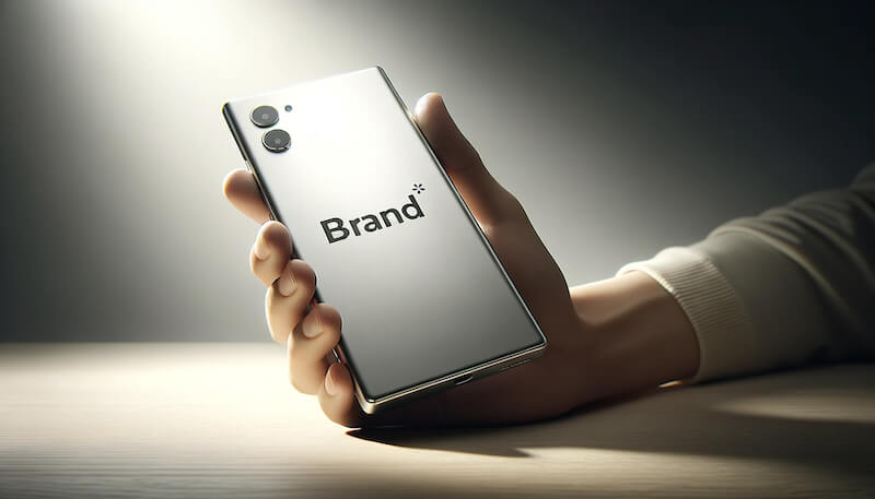 a hand holding a product or mobile phone with the word brand on it