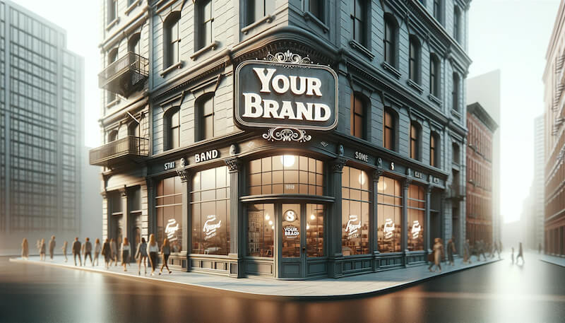 A photograph-style image in a 16_9 aspect ratio featuring a storefront of a fictional brand with the signboard reading 'Your Brand'. The signboard shop