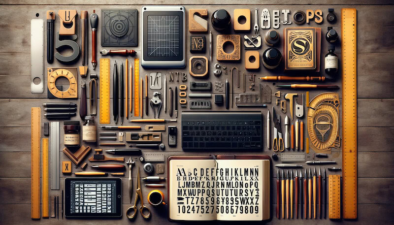 A detailed image showcasing a variety of typography and calligraphy tools used by designers
