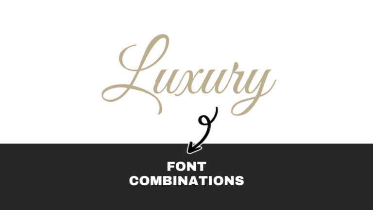 Elegant script spells "Luxury" above bold text, "Font Combinations," with an arrow pointing downward, showcasing contrasting typography styles on a two-tone background.
