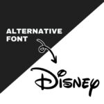 Image showing text "ALTERNATIVE FONT" above iconic Disney logo, highlighting stylistic difference. Black and white diagonal split background adds contrast.