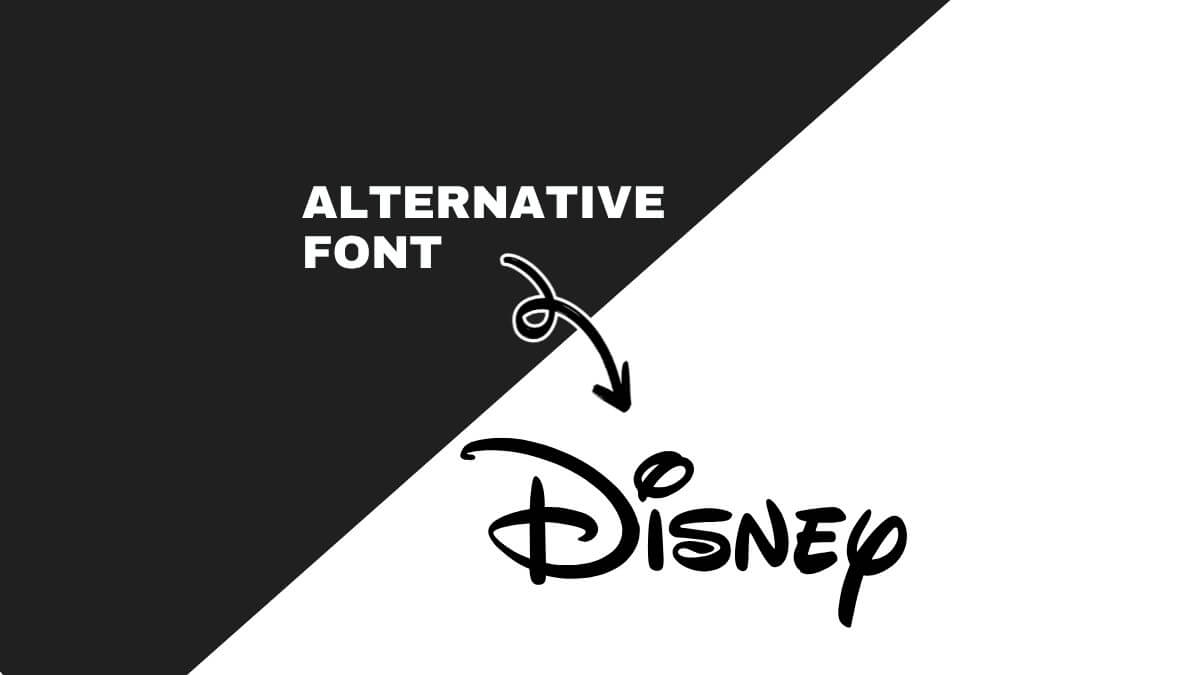 Image showing text "ALTERNATIVE FONT" above iconic Disney logo, highlighting stylistic difference. Black and white diagonal split background adds contrast.