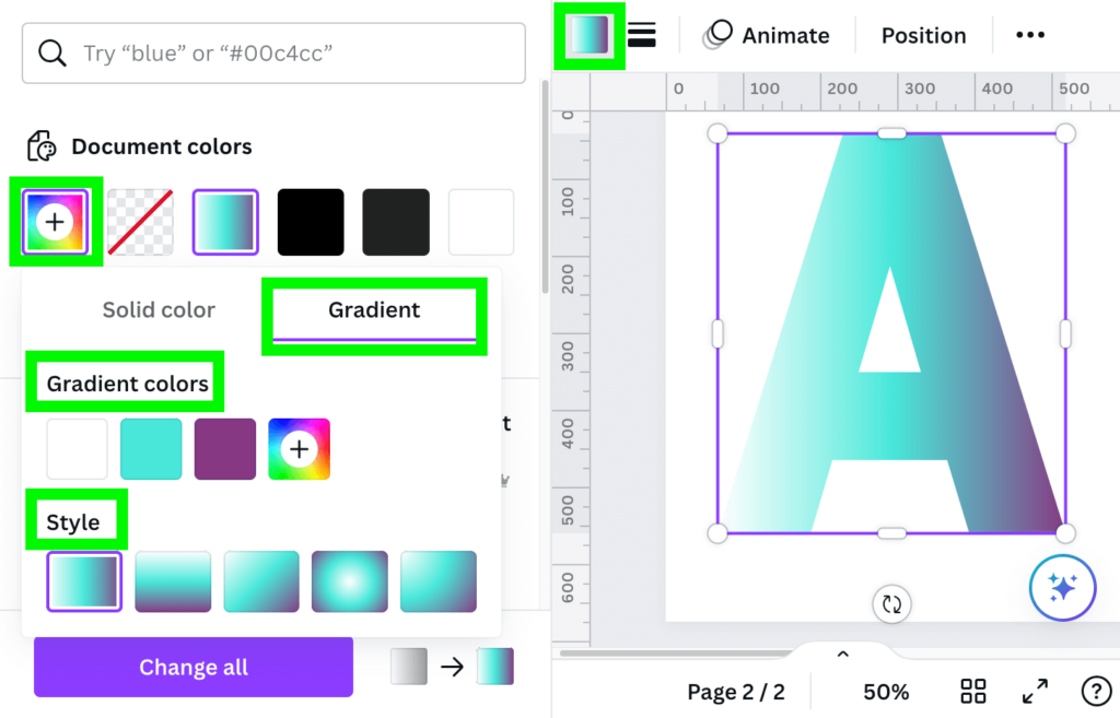 add gradient colors to text in canva