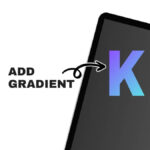 A computer screen displays a colorful gradient "K." An arrow points to "ADD GRADIENT" text, highlighting design instructions on a white background.