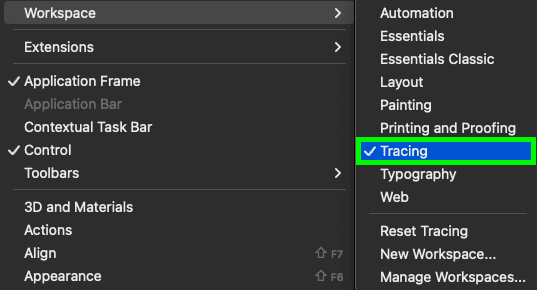 select window workspace and tracing in illustrator