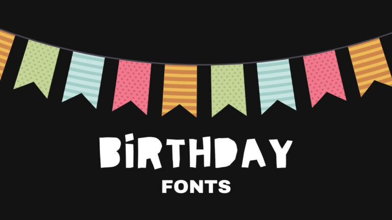 Colorful pennant banners on a black background with bold text reading "BIRTHDAY FONTS." Festive and cheerful design suitable for celebrations.