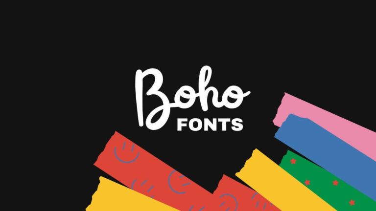 "Colorful washi tape design with text 'Boho Fonts' on a black background, featuring vibrant, decorative patterns and playful typography."