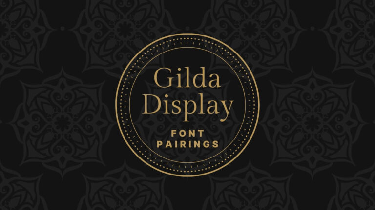 Elegant black and gold design featuring "Gilda Display Font Pairings" text. Intricate background pattern complements circular ornamental frame. Sophisticated and stylish layout.
