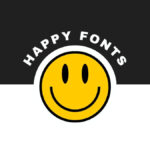 A black and white banner with a yellow smiley face and "Happy Fonts" text in white, against a two-tone background.