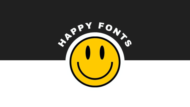 A black and white banner with a yellow smiley face and "Happy Fonts" text in white, against a two-tone background.