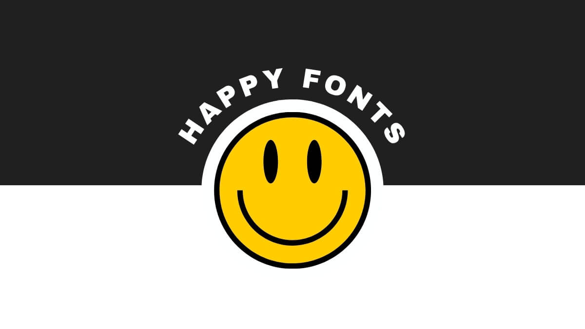 A black and white banner with a yellow smiley face and "Happy Fonts" text in white, against a two-tone background.