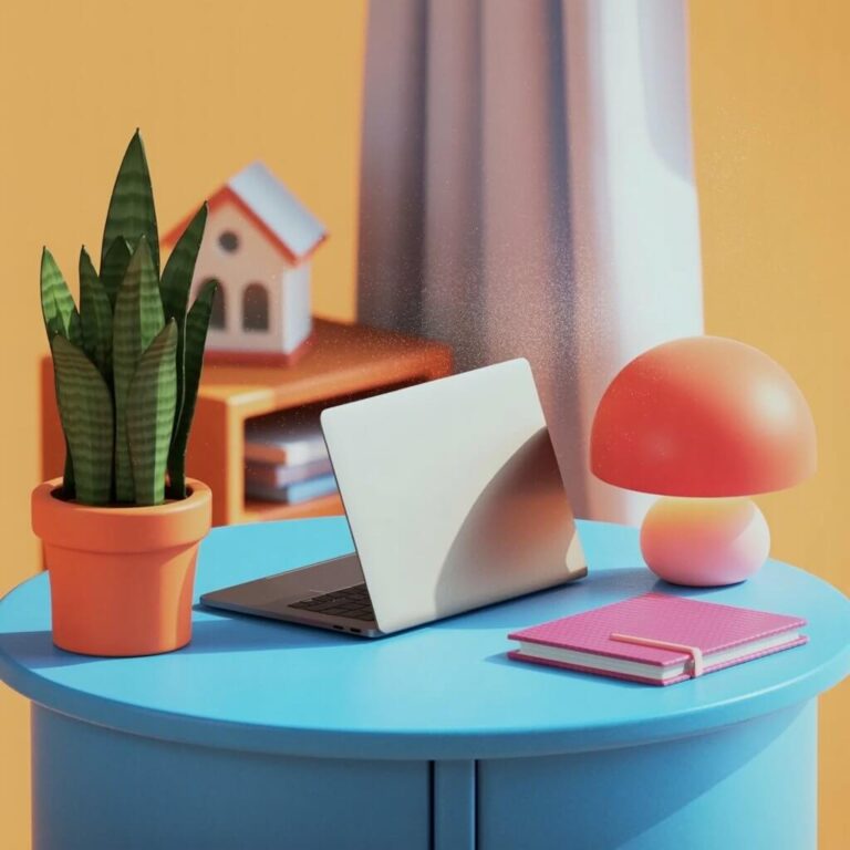 A modern workspace with a laptop, plant, and pink lamp on a blue table, featuring a small decorative house model in the background.
