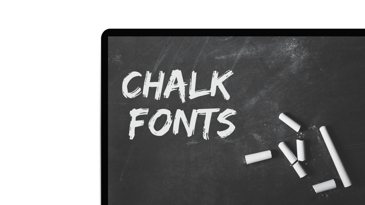 A digital chalkboard display with "CHALK FONTS" text and scattered white chalk pieces on a black surface.