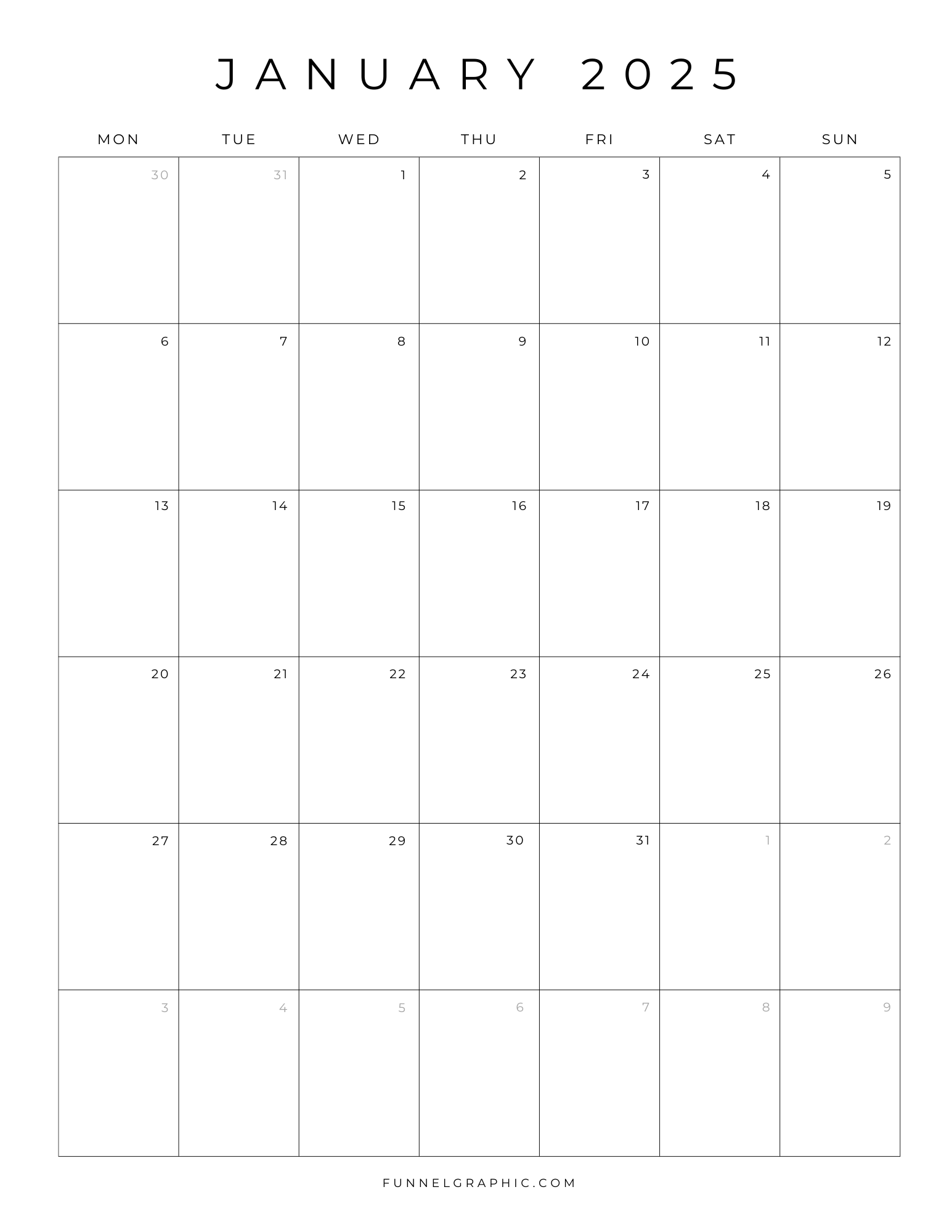 01 Jan 2025 Mon to San Individual Calendar