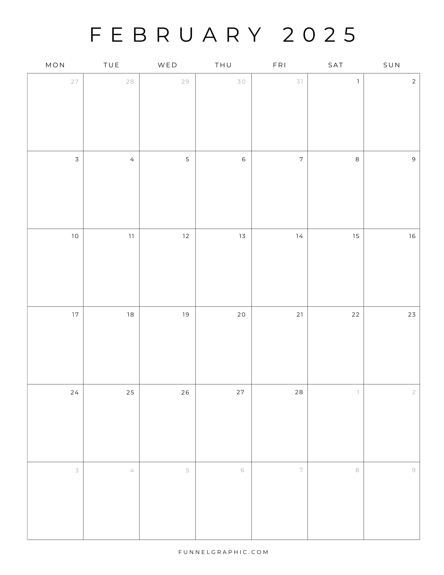 02 Feb 2025 Mon to Sun Individual Calendar