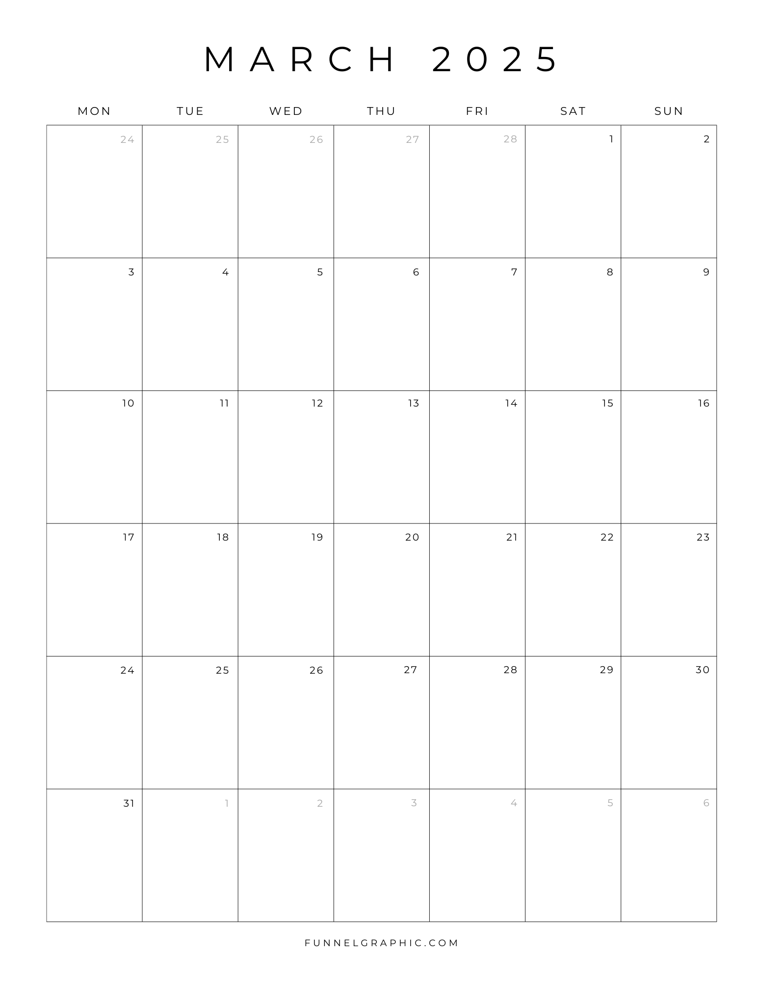 03 Mar 2025 Mon to Sun Individual Calendar