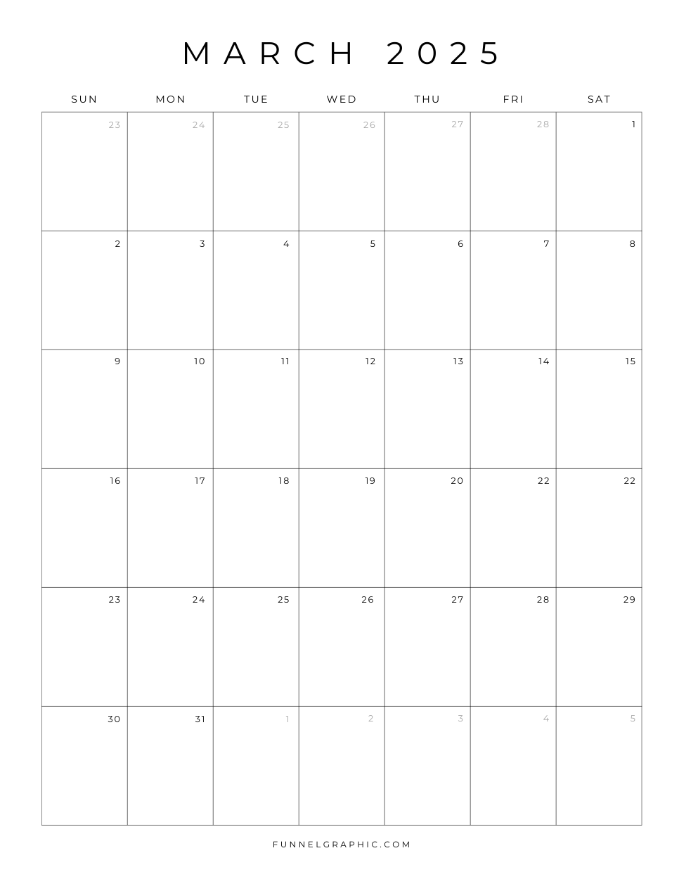 03 Mar 2025 Sun to Sat Individual Calendar