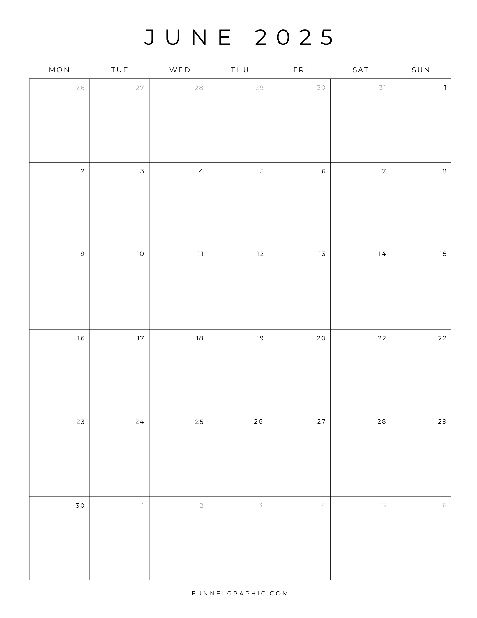 06 Jun 2025 Mon to Sun Individual Calendar