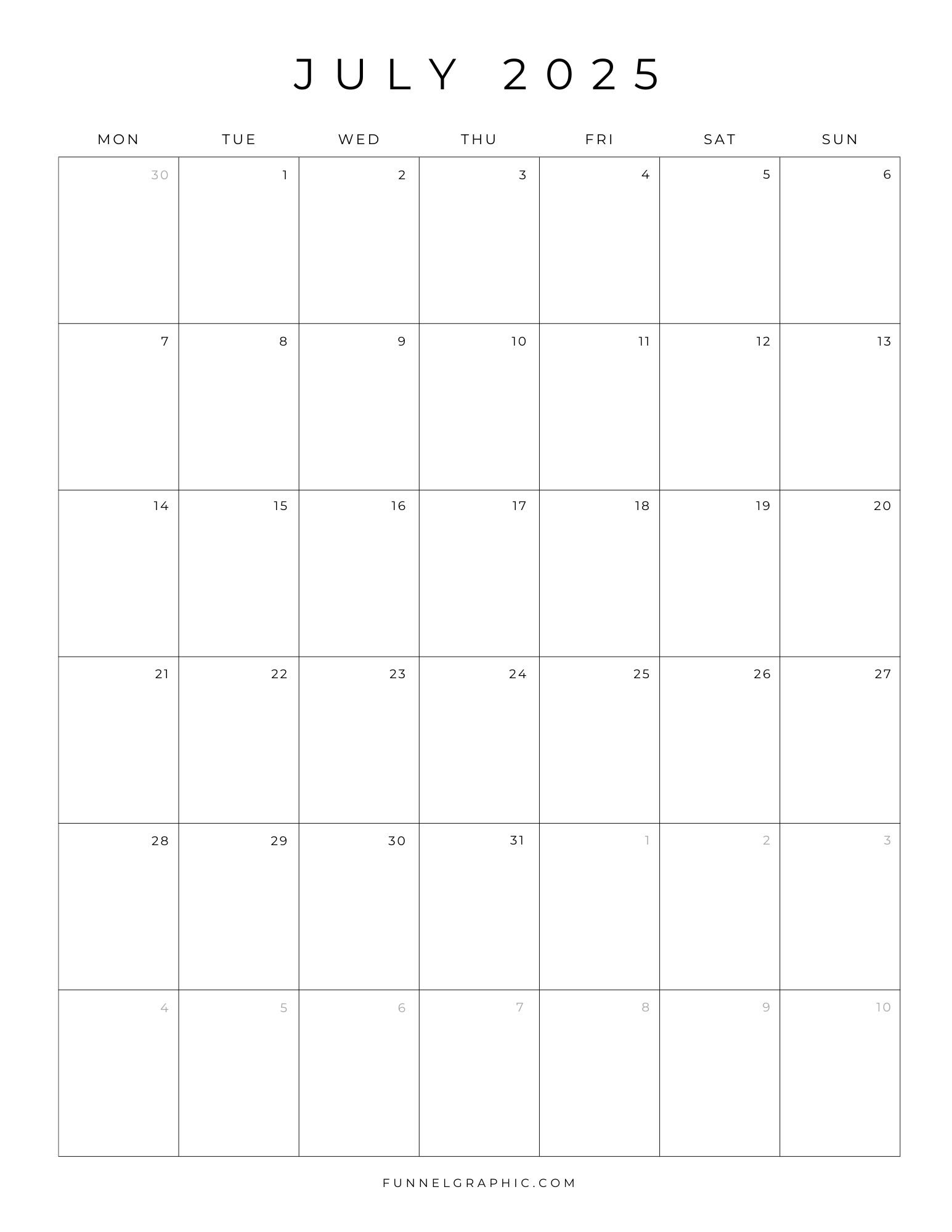 07 July 2025 Mon to Sun Individual Calendar