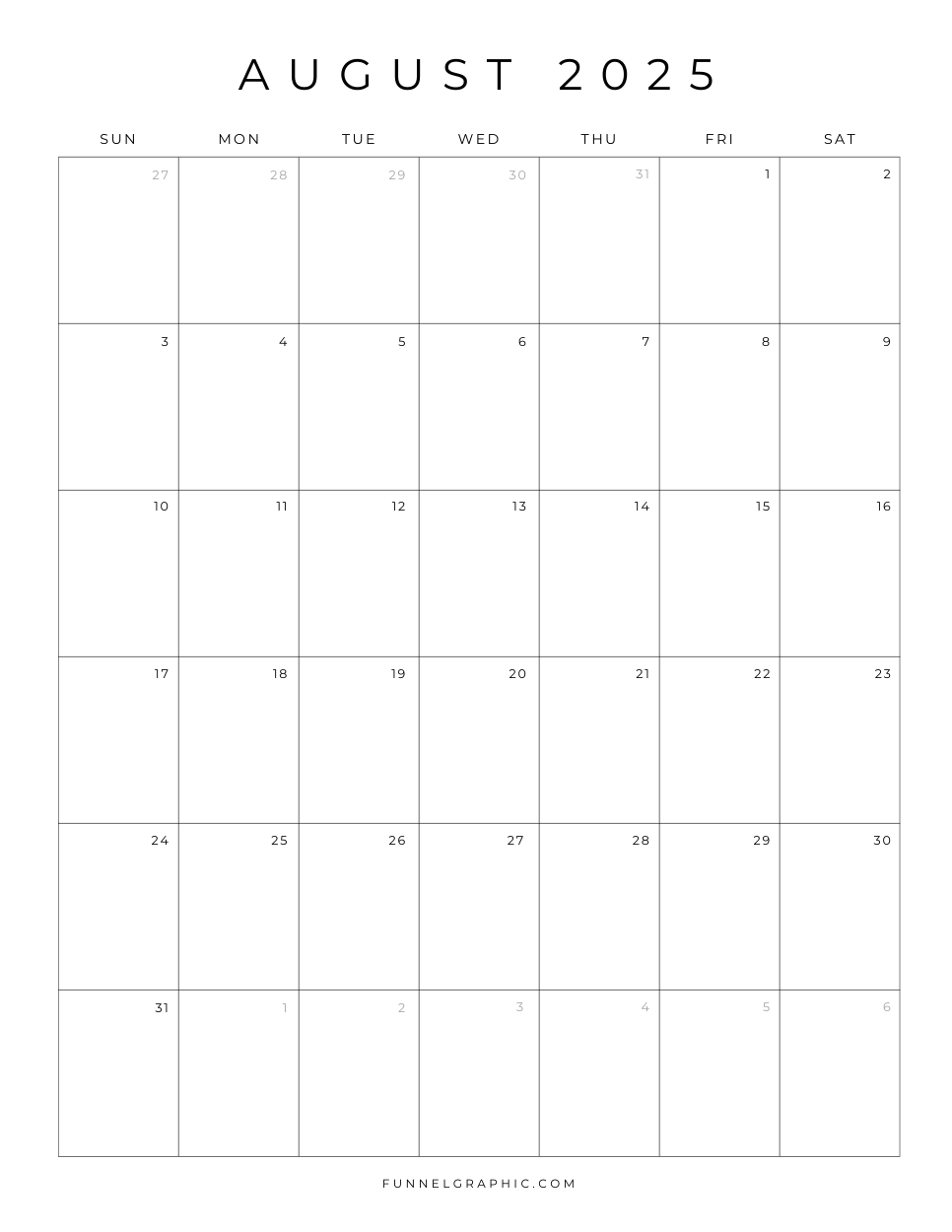 08 Aug 2025 Sun to Sat Individual Calendar