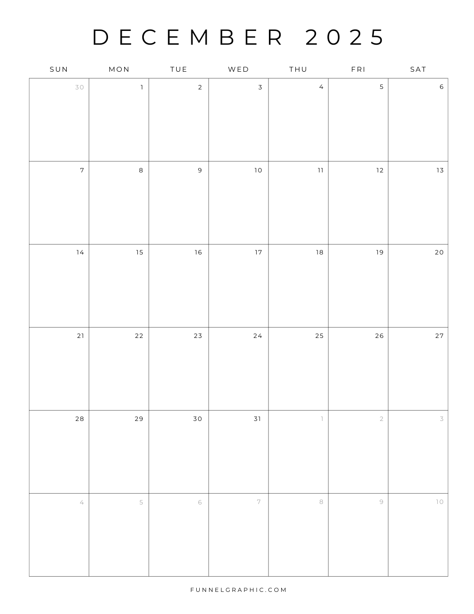 12 Dec 2025 Sun to Sat Individual Calendar