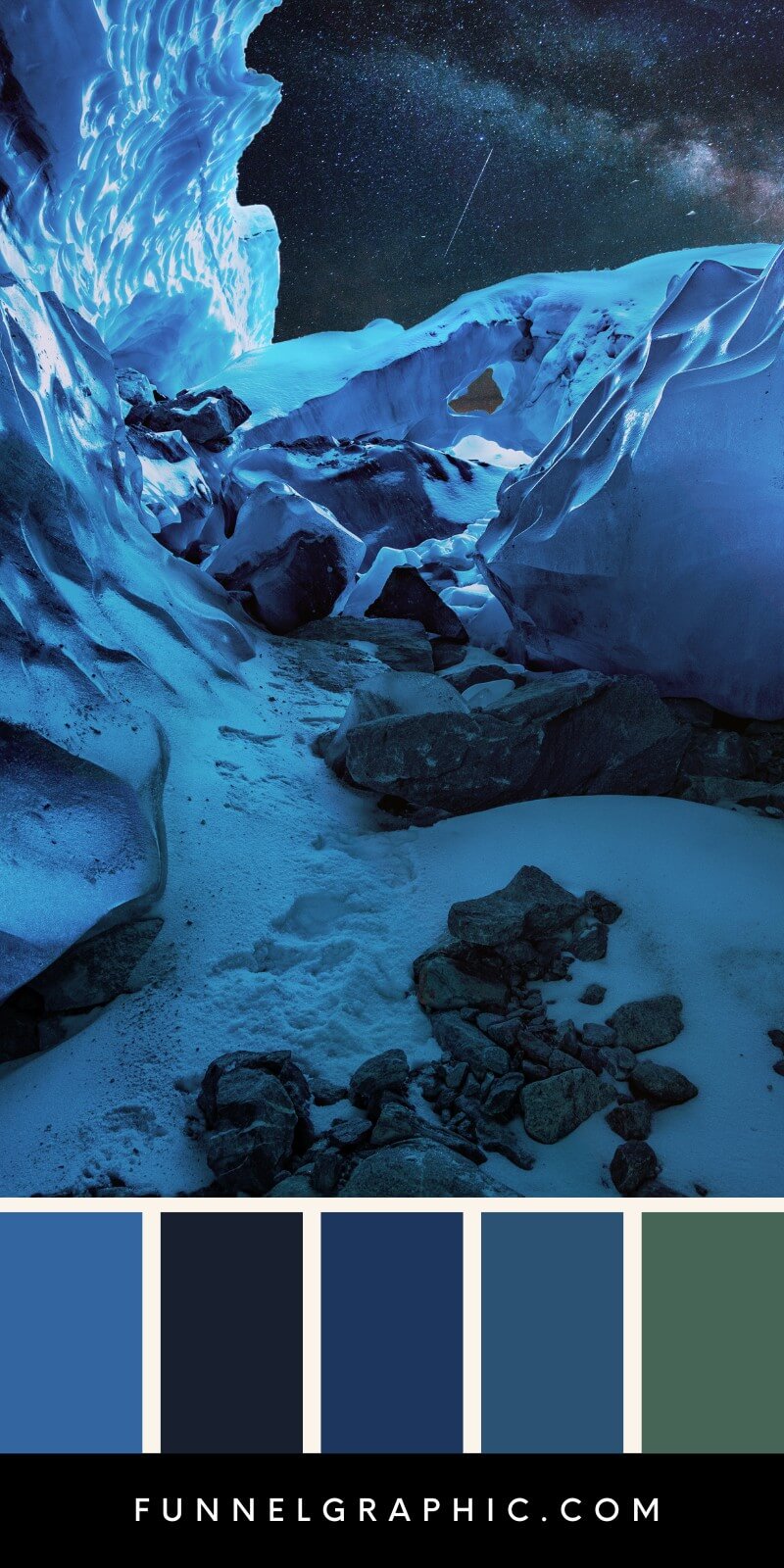 Blue glacier landform and ice cave at night with shooting star