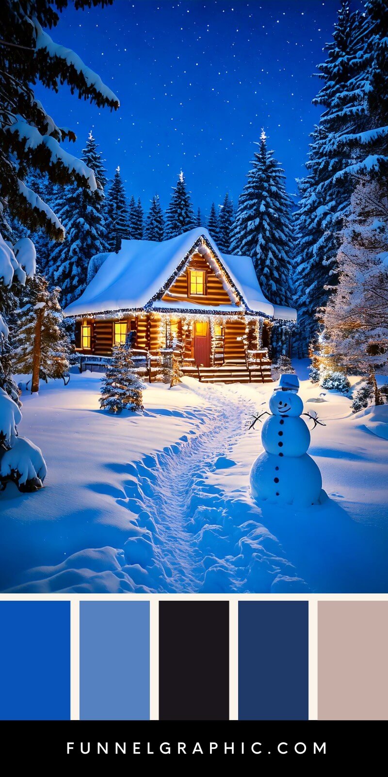 Christmas house in snow with forest background and snowman in front