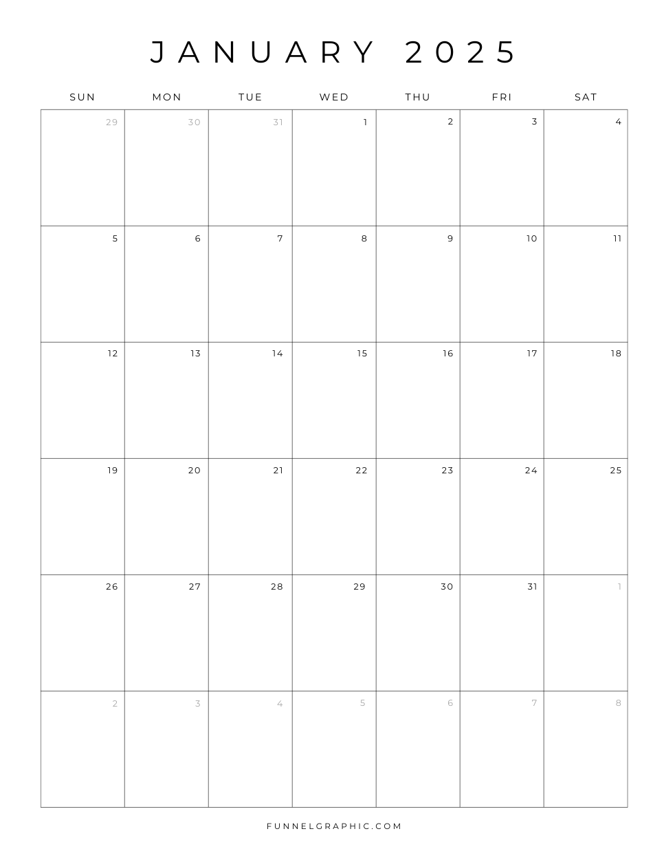 Jan 2025 Sun to Sat Individual Calendar