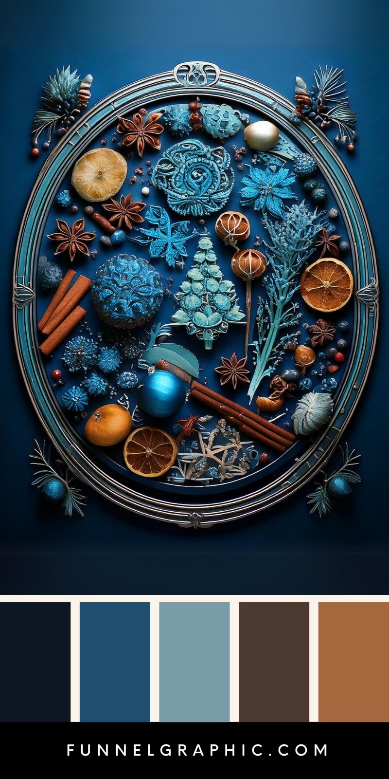 blue christmas decoration with spices and metal tray with ornaments