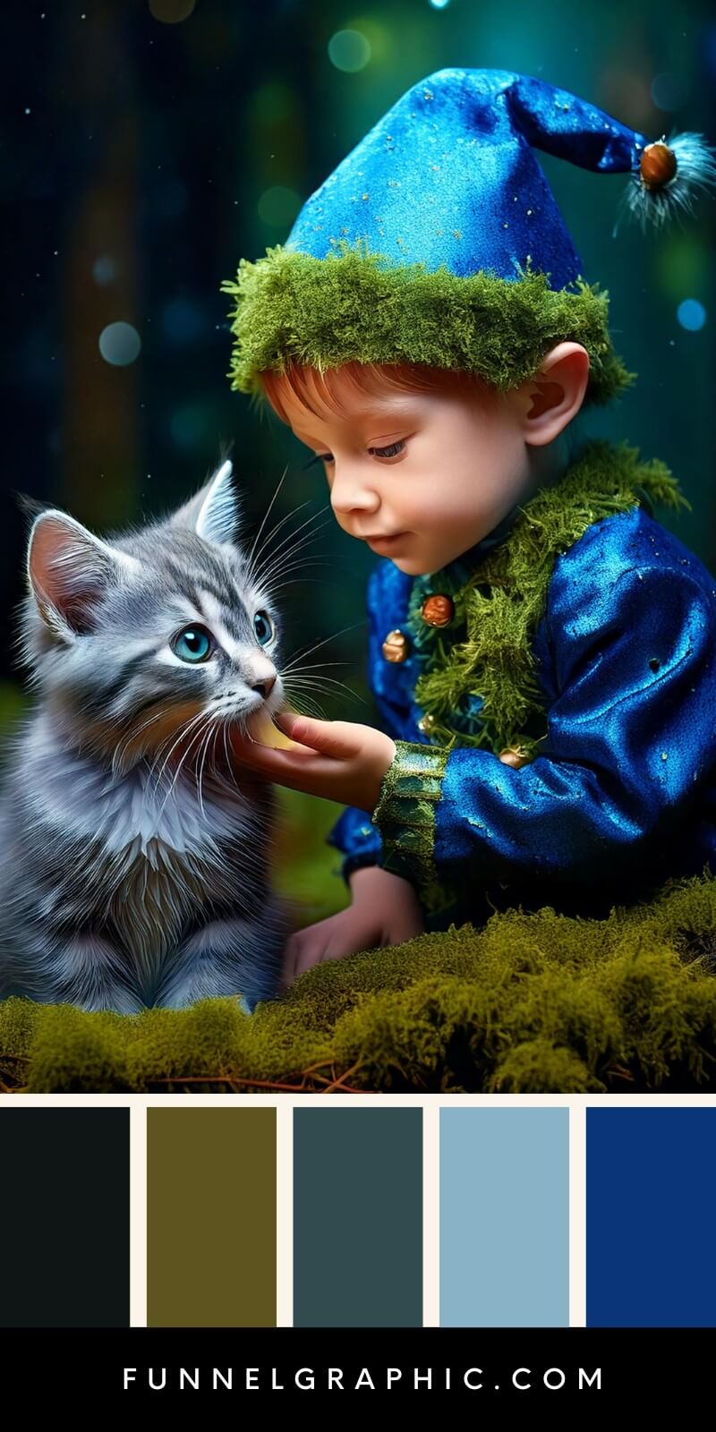 Christmas elf feeding a kitten