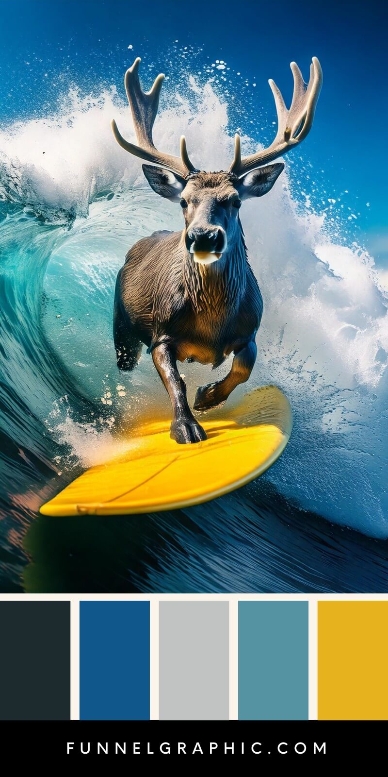 reindeer balancing and surfing on a surfboard with the waves