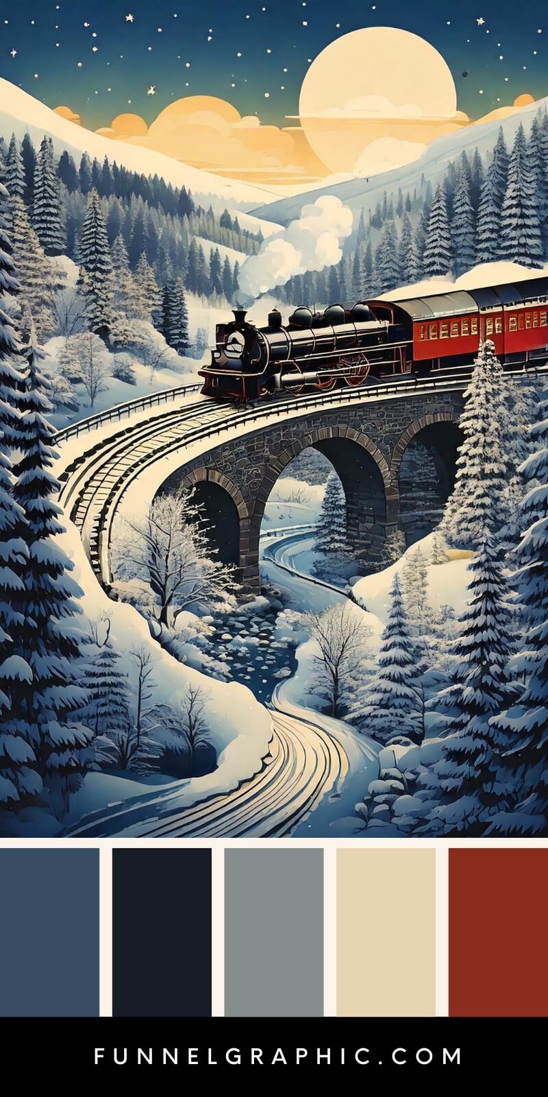 black and red train traveling through the valleys and mountains in winter snow