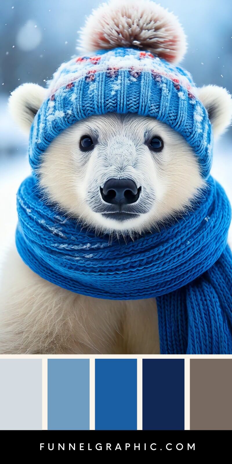 blue christmas polar bear in beanie and scarf