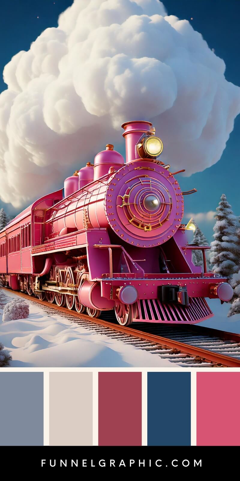 Firefly christmas season background, small white cotton wool cloud 3d, pink steam locomotive with train