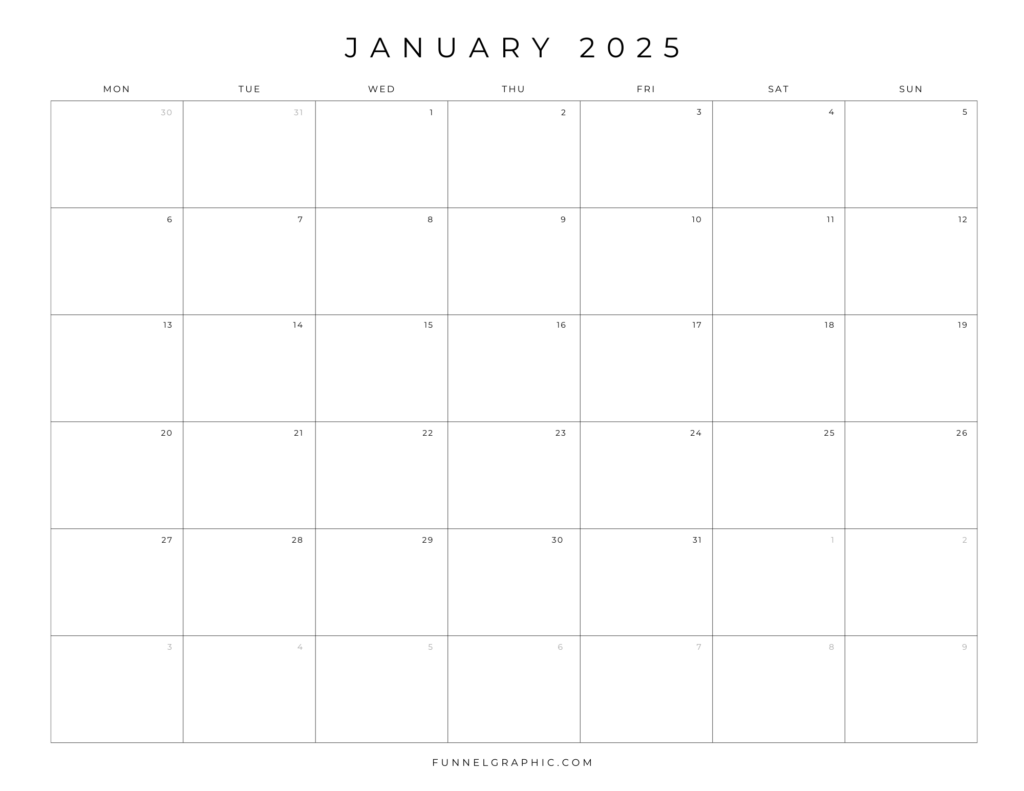Free 2025 Calendar Printable Blank Landscape Templates 13 01 Jan 2025 Mon to Sun Individual Calendar