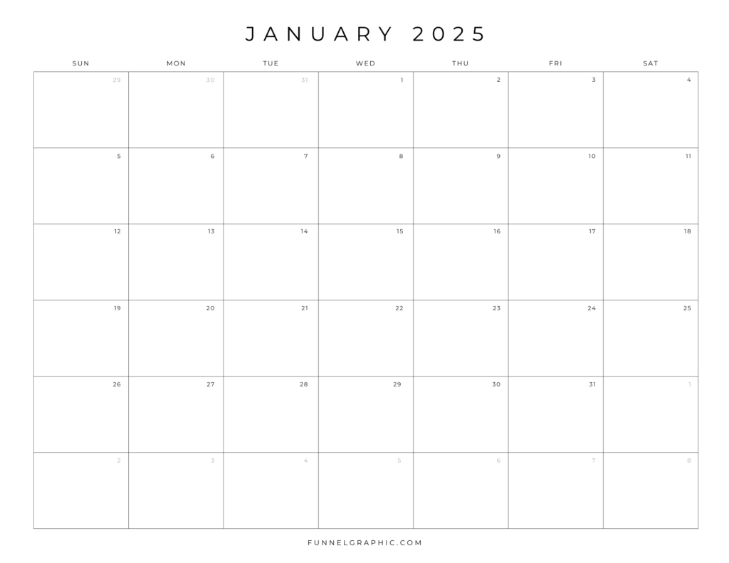 Free 2025 Calendar Printable Blank Landscape Templates 1 01 Jan 2025 Sun to Sat Individual Calendar