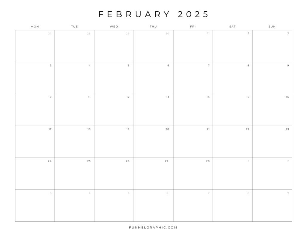 Free 2025 Calendar Printable Blank Landscape Templates 14 02 Feb 2025 Mon to Sun Individual Calendar