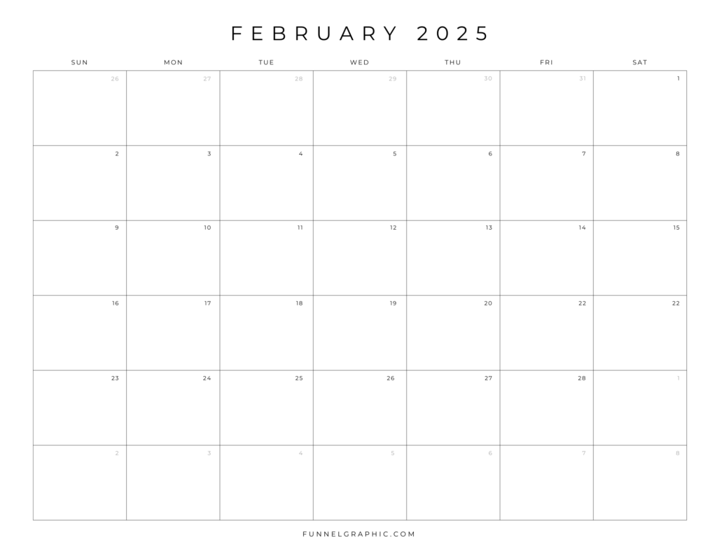 Free 2025 Calendar Printable Blank Landscape Templates 2 02 Feb 2025 Sun to Sat Individual Calendar