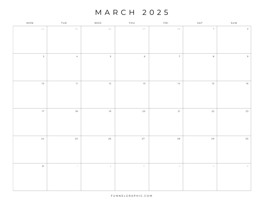 Free 2025 Calendar Printable Blank Landscape Templates 15 03 Mar 2025 Mon to Sun Individual Calendar