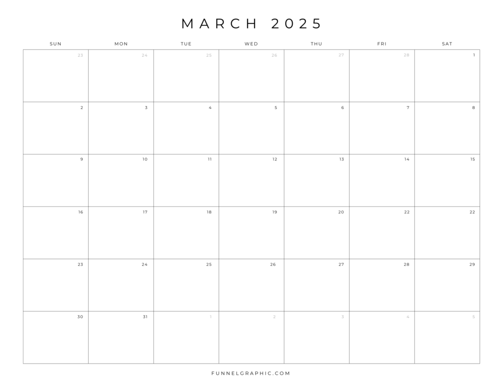 Free 2025 Calendar Printable Blank Landscape Templates 3 03 Mar 2025 Sun to Sat Individual Calendar