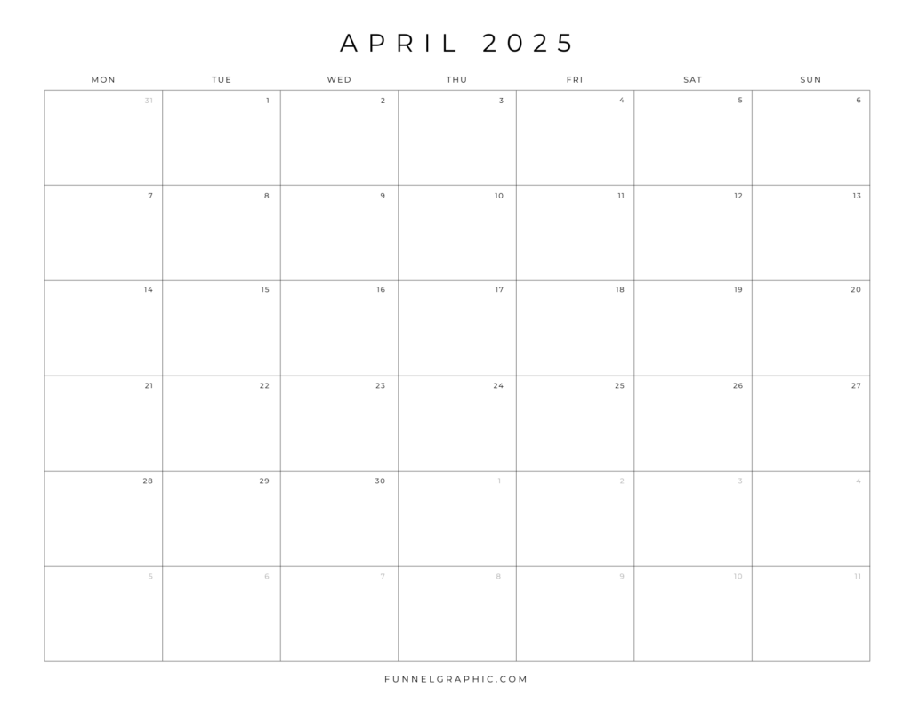 Free 2025 Calendar Printable Blank Landscape Templates 16 04 Apr 2025 Mon to Sun Individual Calendar