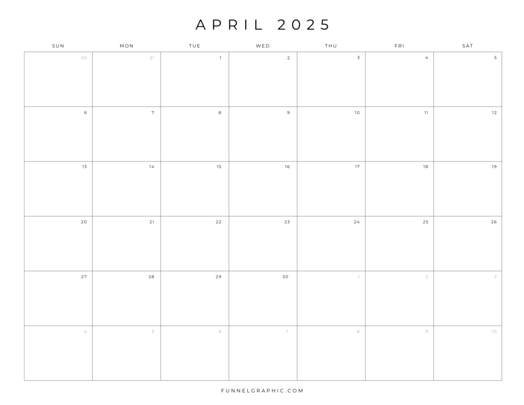 Free 2025 Calendar Printable Blank Landscape Templates 4 04 Apr 2025 Sun to Sat Individual Calendar