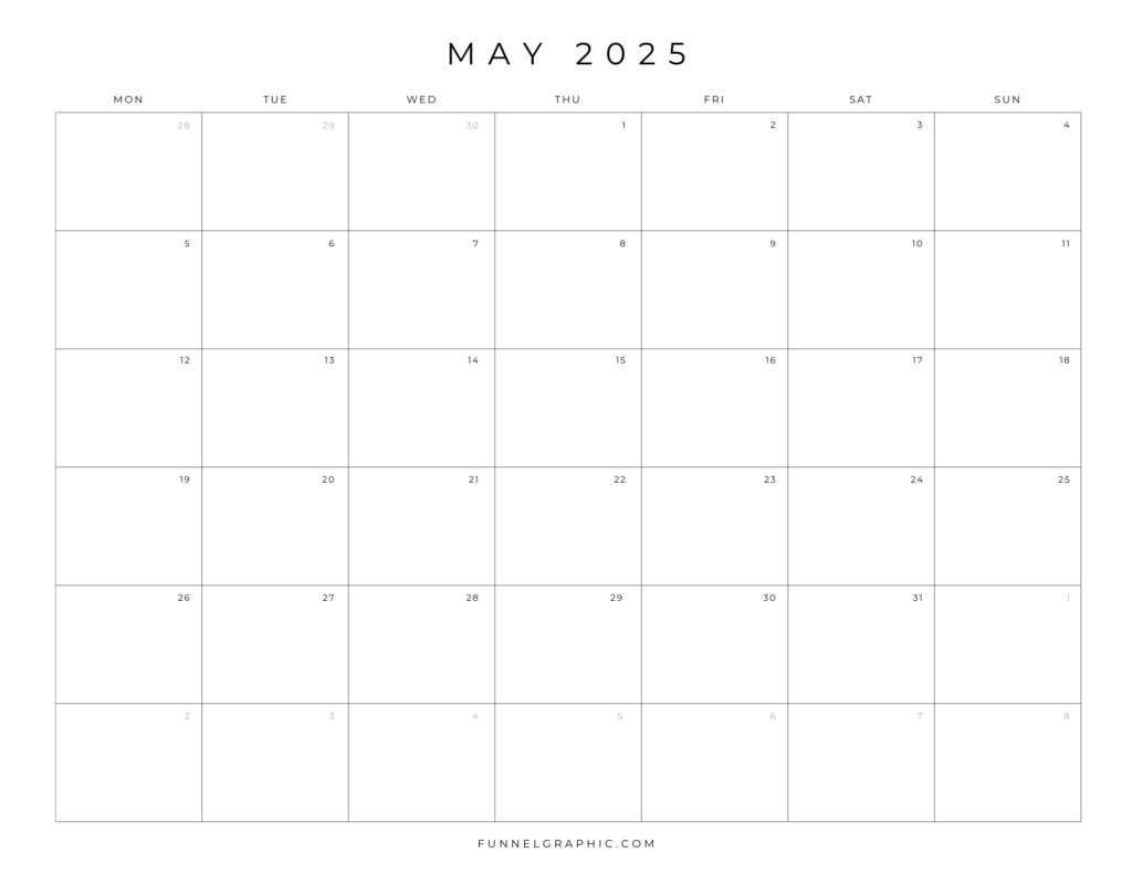 Free 2025 Calendar Printable Blank Landscape Templates 17 05 May 2025 Mon to Sun Individual Calendar