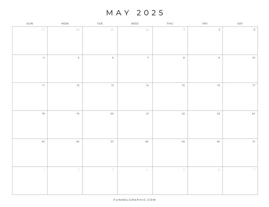 Free 2025 Calendar Printable Blank Landscape Templates 5 05 May 2025 Sun to Sat Individual Calendar